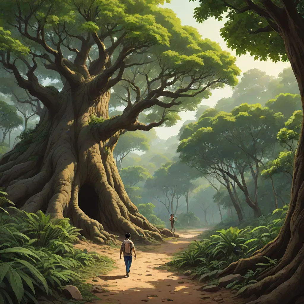 a painting of a man walking down a dirt path in a forest with a huge tree trunk on the side, fantasy art, a detailed matte painting, Andreas Rocha, magic the gathering artwork