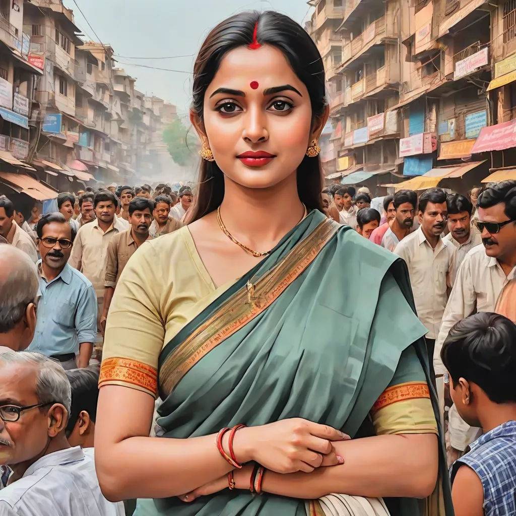 a woman in a sari standing in front of a crowd of people in a city street with a man standing next to her, bengal school of art, a detailed painting, Ella Guru, extremely detailed oil painting