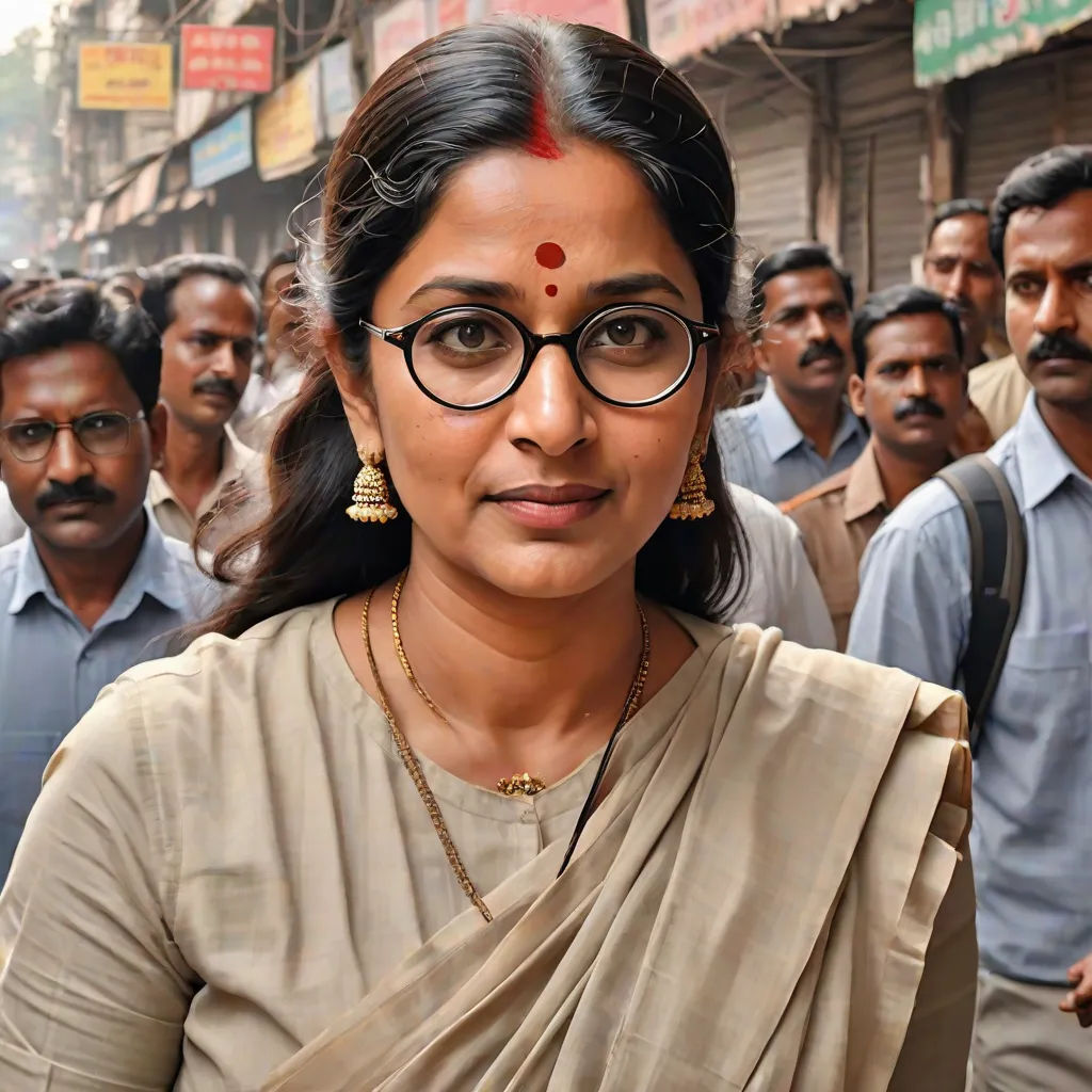 a woman in a sari and glasses standing in front of a crowd of people in india, with a man in the background, samikshavad, a character portrait, Ella Guru, movie still