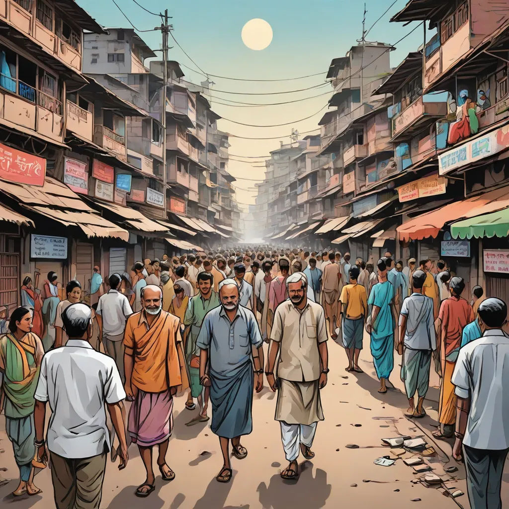 a painting of a crowded street with people walking down it and buildings in the background with a full moon, samikshavad, a comic book panel, Asaf Hanuka, graphic novel