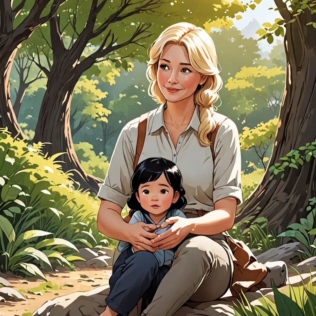 a woman and a child sitting on a rock in a forest with trees and grass around them, with a forest background, naturalism, a storybook illustration, Choi Buk, official art