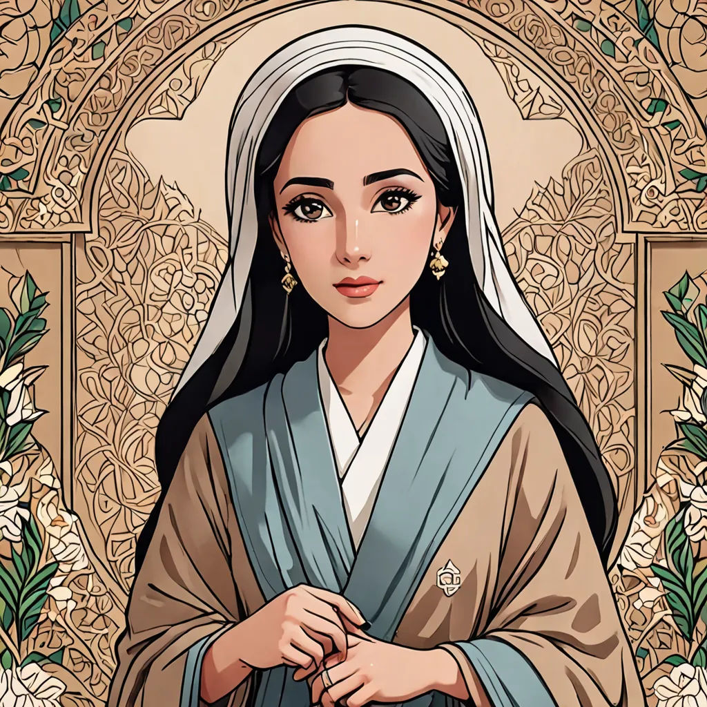 a woman in a blue and brown dress with a white head scarf on her head and a flowered background, qajar art, a character portrait, Amir Zand, beautiful detailed