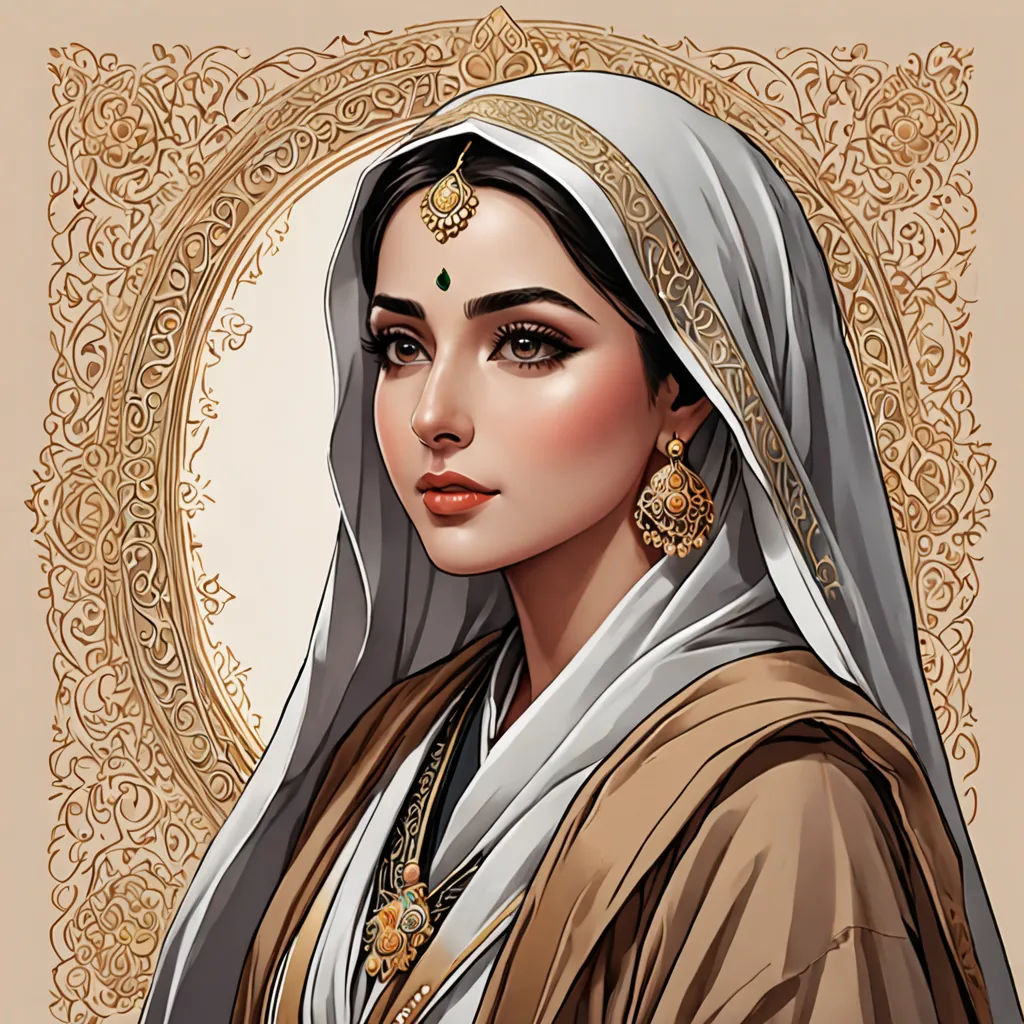 a woman with a veil and a head piece in her hair and a gold frame around her neck and a gold and white necklace, qajar art, a detailed painting, Altoon Sultan, beautiful detailed