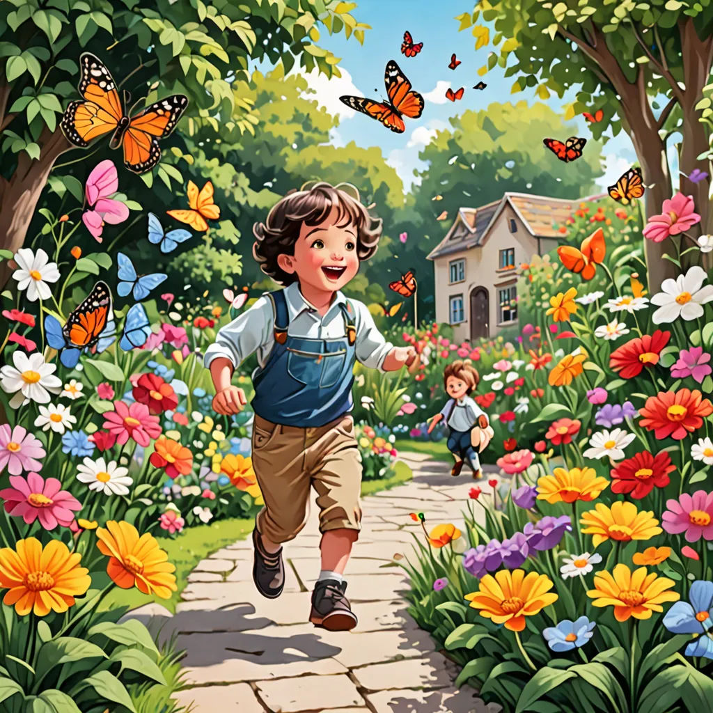 a painting of a boy running through a garden with butterflies flying overhead and a house in the background with a child running towards him, naive art, a storybook illustration, Bob Byerley, storybook illustration