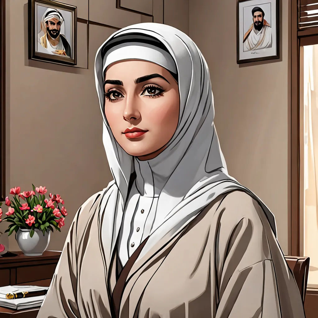 a woman in a white headscarf is sitting in a room with a vase of flowers and a picture of a man, serial art, a character portrait, Araceli Gilbert, graphic novel
