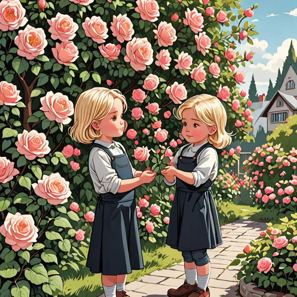 two little girls standing in front of a garden with roses on it and one girl holding the hand of another girl, neo-romanticism, a storybook illustration, Brothers Hildebrandt, storybook illustration