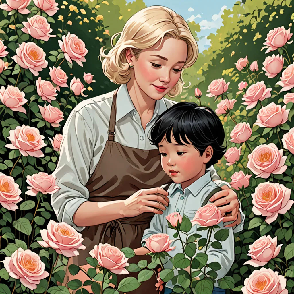 a woman and a boy are in a field of roses with one of them holding a flower pot and the other is holding a flower, neo-romanticism, a storybook illustration, Aaron Jasinski, yukito kishiro