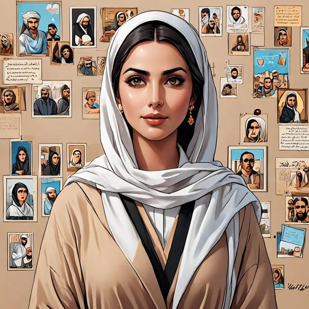 a woman in a headscarf is standing in front of a wall of portraits of people and people, serial art, a character portrait, artist, comic cover art