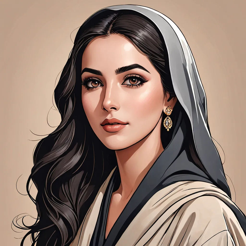 a woman with a veil on her head and a scarf on her head, wearing a veil and earrings, qajar art, a digital painting, Charlie Bowater, highly detailed digital painting