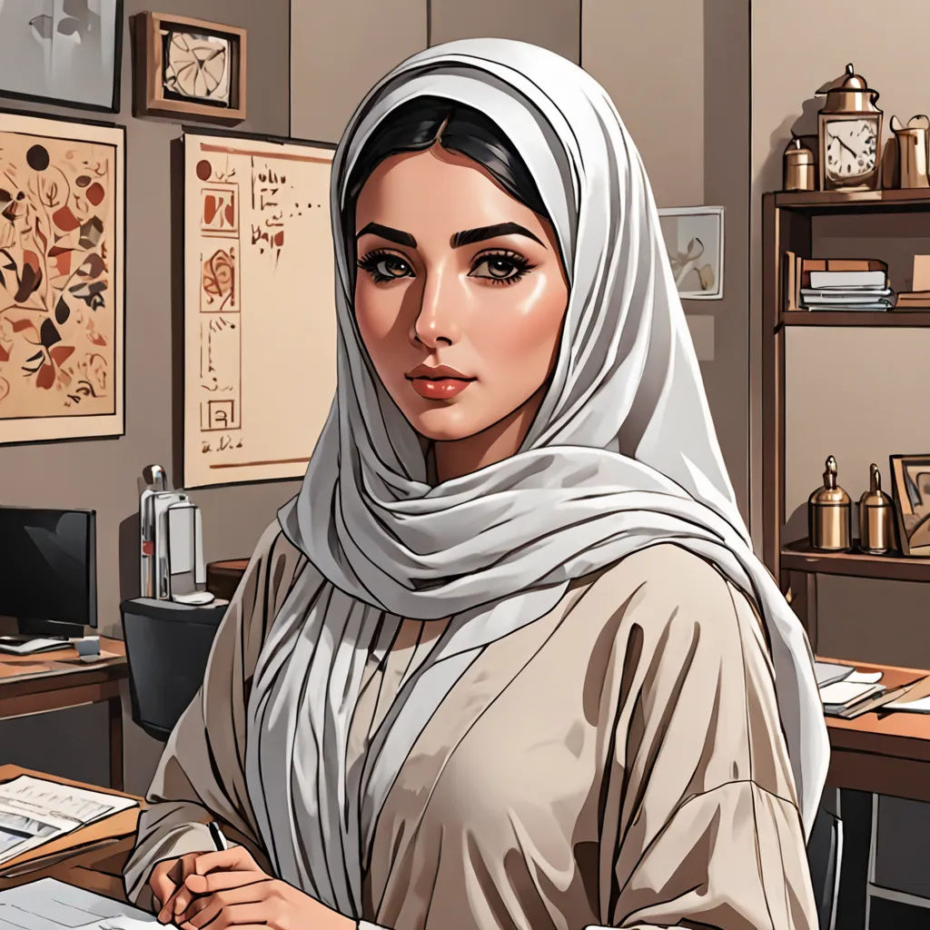 a woman in a hijab is sitting at a desk with a computer and papers on it,, academic art, computer graphics, Elina Karimova, high detail illustration