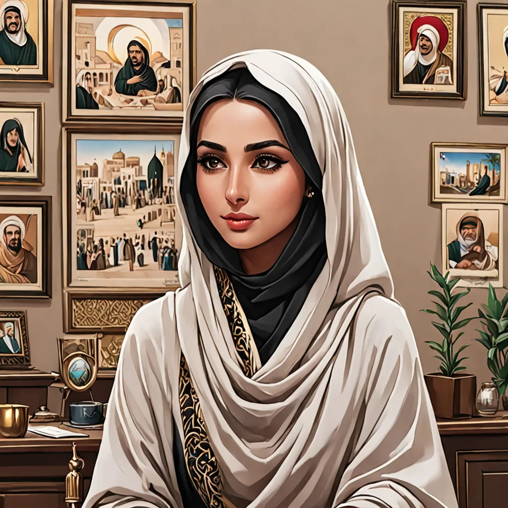 a painting of a woman in a white shawl sitting at a desk with a cup of coffee in front of her, qajar art, egyptian art, Amir Zand, high detail illustration