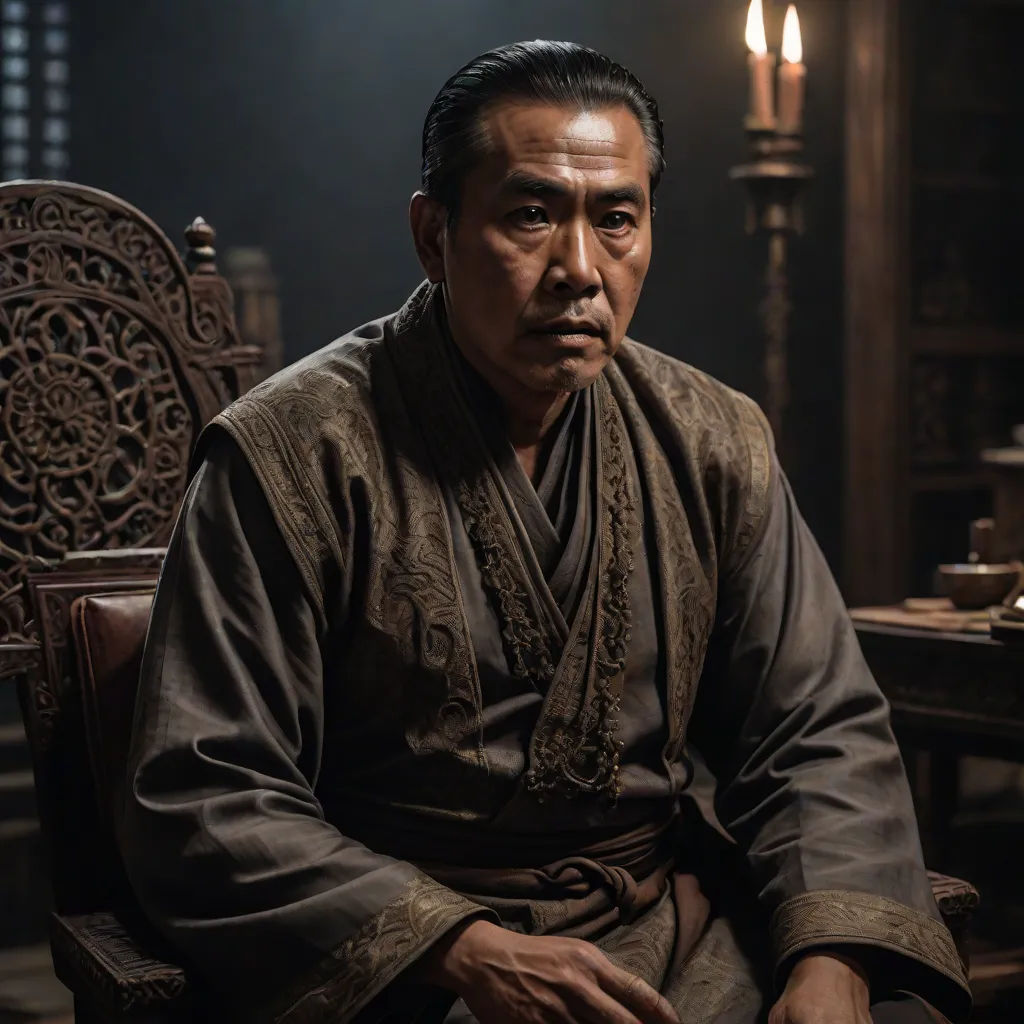 a man in a brown outfit sitting in a chair in a room with candles on the table and a chair behind him, a character portrait, Choi Buk, dau-al-set, movie still