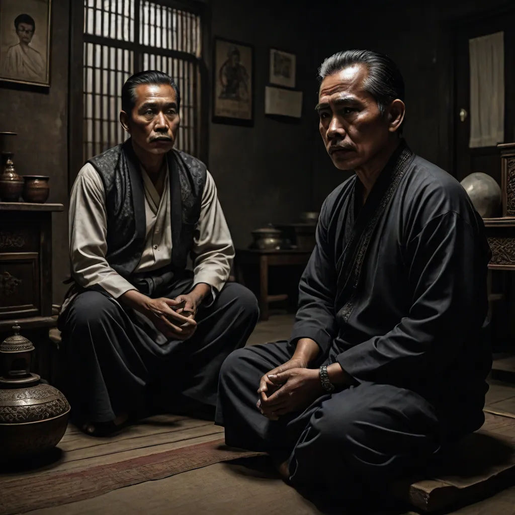 two men sitting on the floor in a room with a window and a vase on the floor in front of them, a poster, Byeon Sang-byeok, dau-al-set, movie still