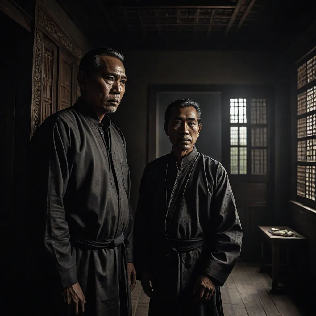 two men standing in a dark room with windows and a table in the background, one of them is wearing a black robe, a character portrait, Fang Congyi, dau-al-set, promotional image