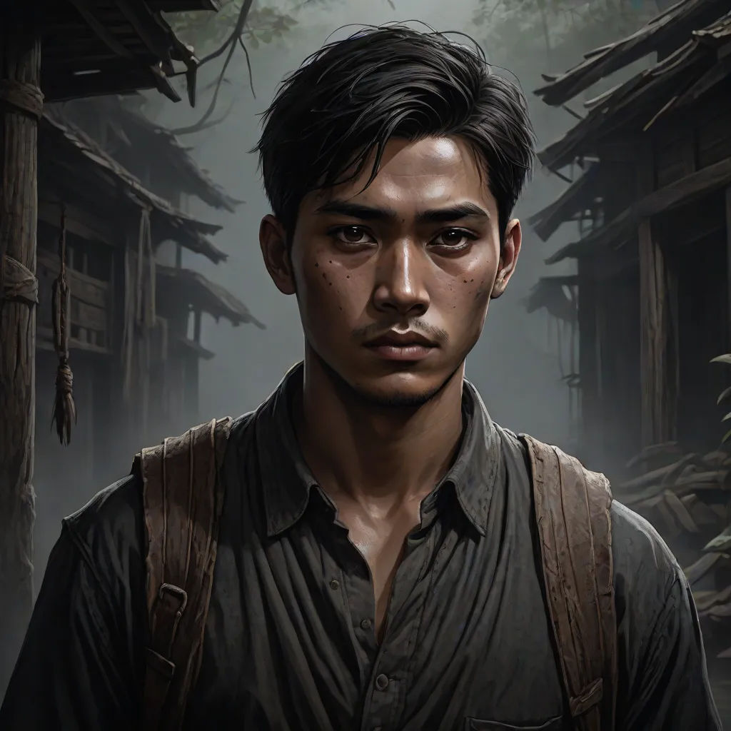 a man with a backpack standing in front of a forest with a house on it's side and a forest in the background, a character portrait, Fan Kuan, serial art, character portrait