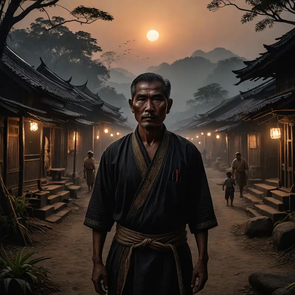 a man standing in front of a building with a full moon in the background and a person in a kimono, a detailed matte painting, Fang Congyi, photorealism, cinematic photography