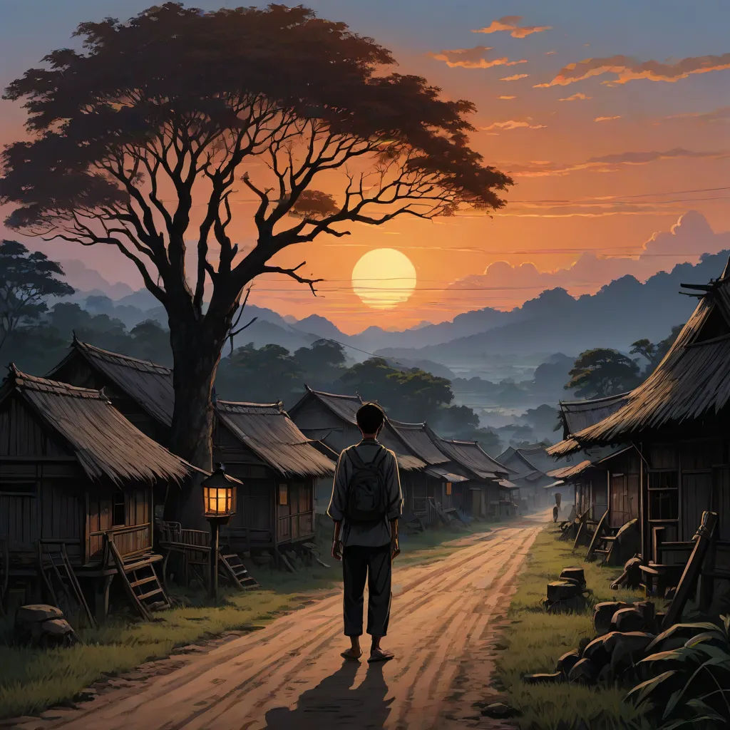 a man walking down a dirt road next to a forest filled with trees and houses at sunset with a person standing on the road, a detailed matte painting, Dan Mumford, magical realism, cinematic matte painting