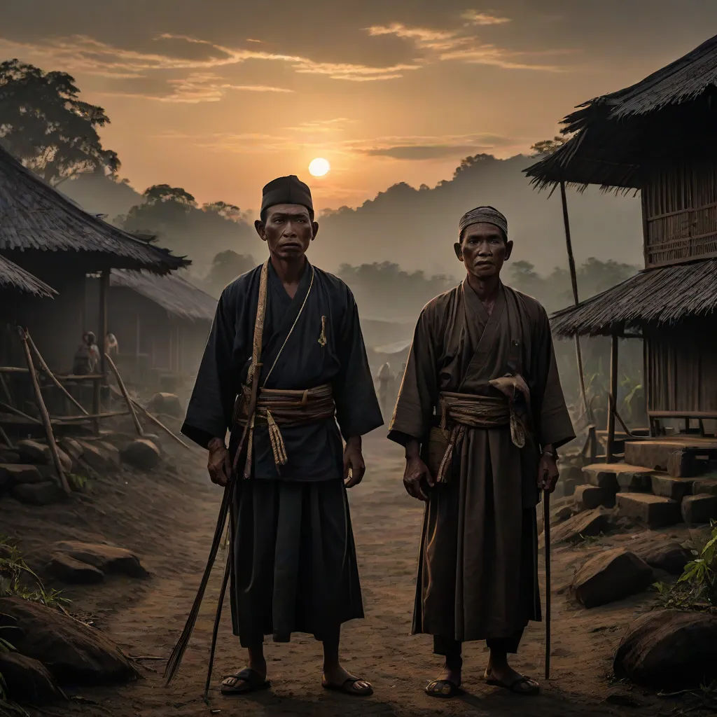 two men standing in front of a village at sunset with a sun in the background and a few huts, a detailed matte painting, Andrew Law, sumatraism, cinematic photography