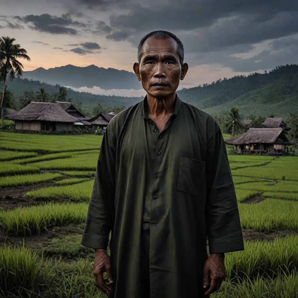 a man standing in a field with a mountain in the background and a cloudy sky in the background,, a character portrait, Andrew Law, sumatraism, award - winning photography