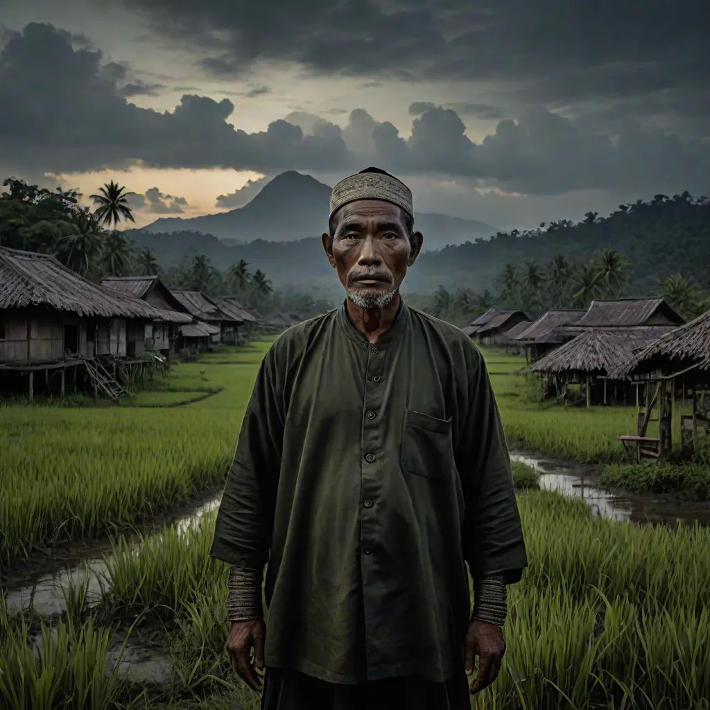 a man standing in a field with a village in the background with a dark sky in the background and a mountain in the distance, a character portrait, Arie Smit, sumatraism, award-winning photograph