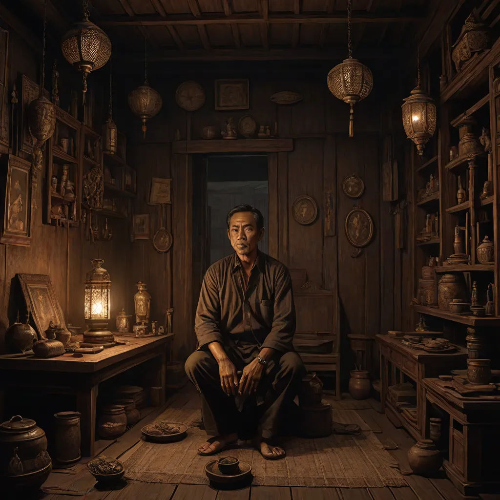a man sitting in a room with lots of shelves and lamps on the wall and a table with plates on it, a detailed matte painting, Chen Chun, art photography, cinematic photography