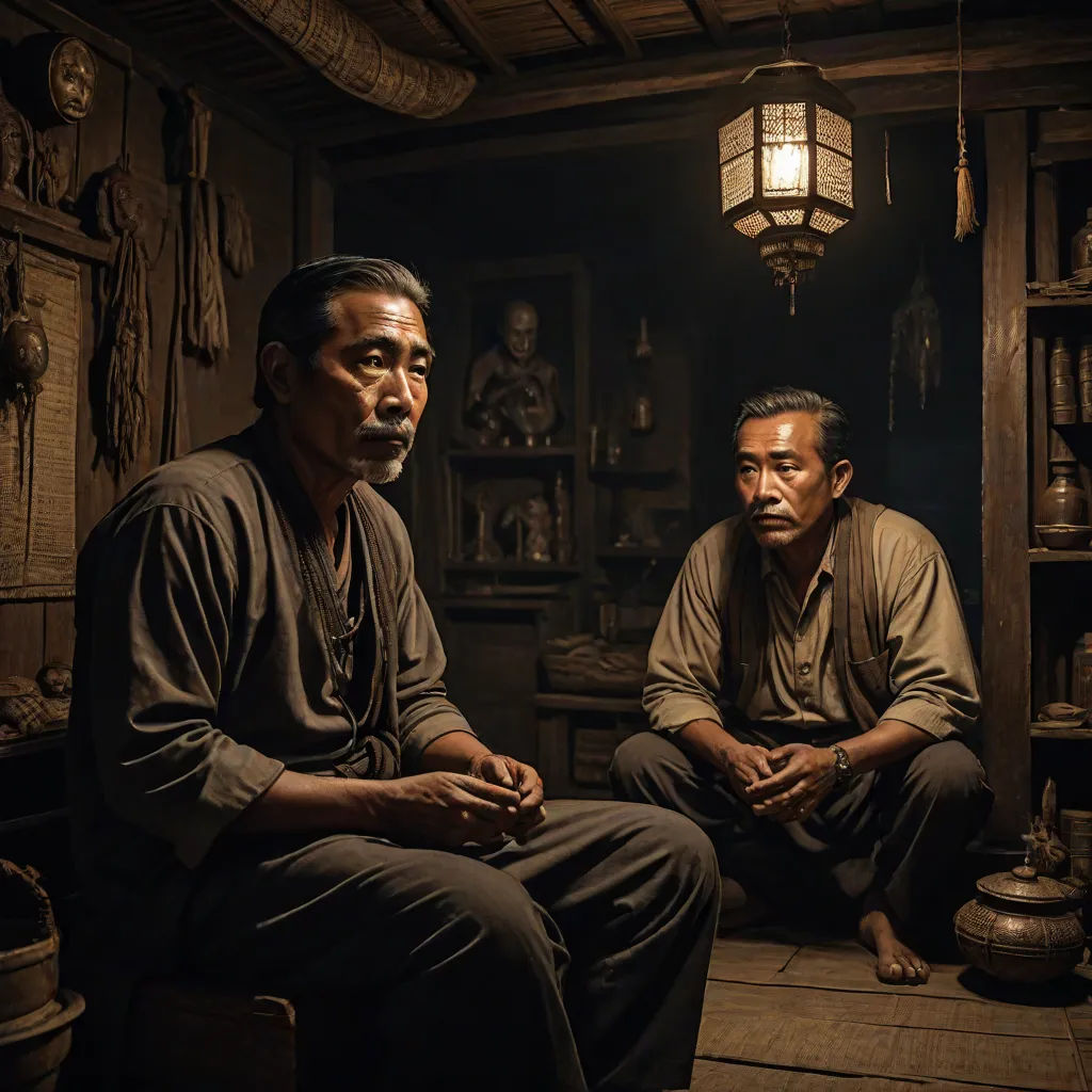 two men sitting in a room with a lantern hanging from the ceiling and a lantern hanging from the ceiling, a detailed matte painting, Byeon Sang-byeok, art photography, cinematic photography