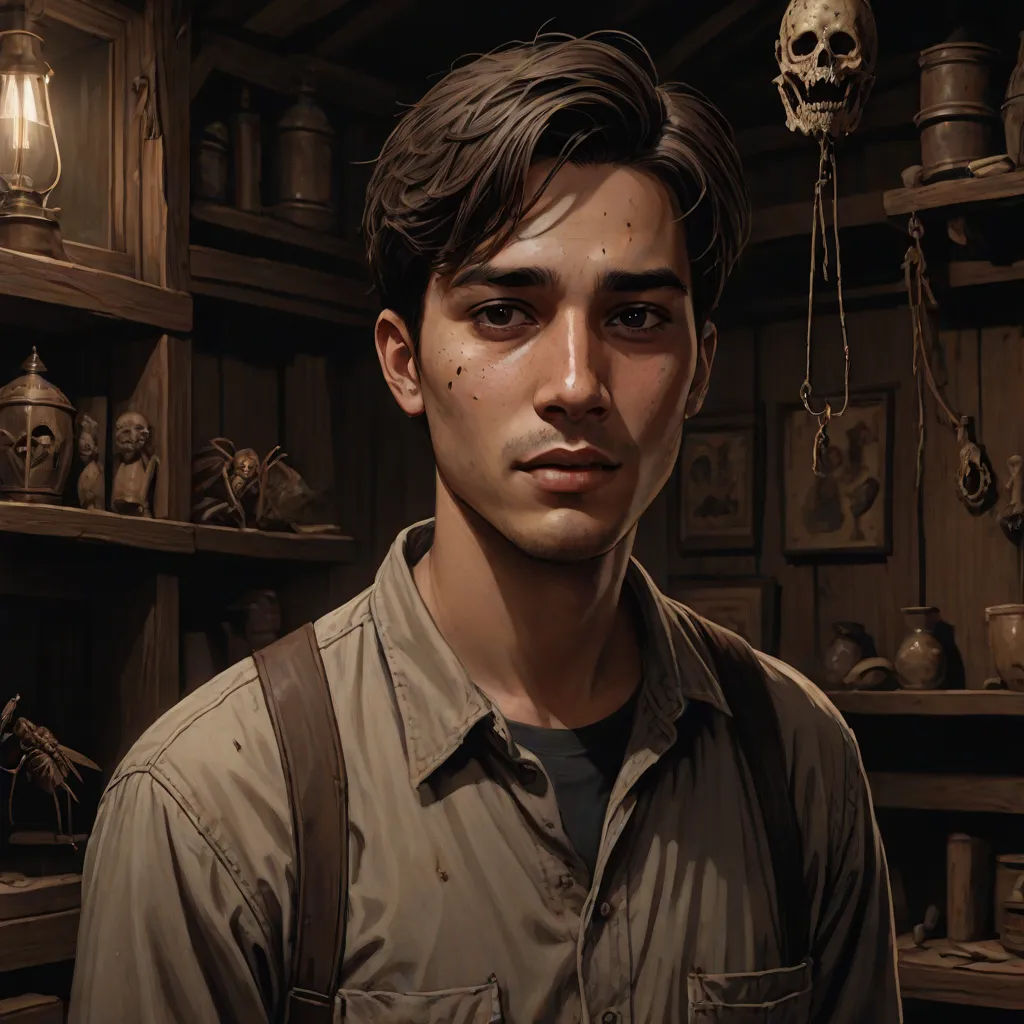 a man standing in front of a shelf filled with items and a skull hanging from the ceiling of a room, a character portrait, Aaron Jasinski, sots art, character portrait