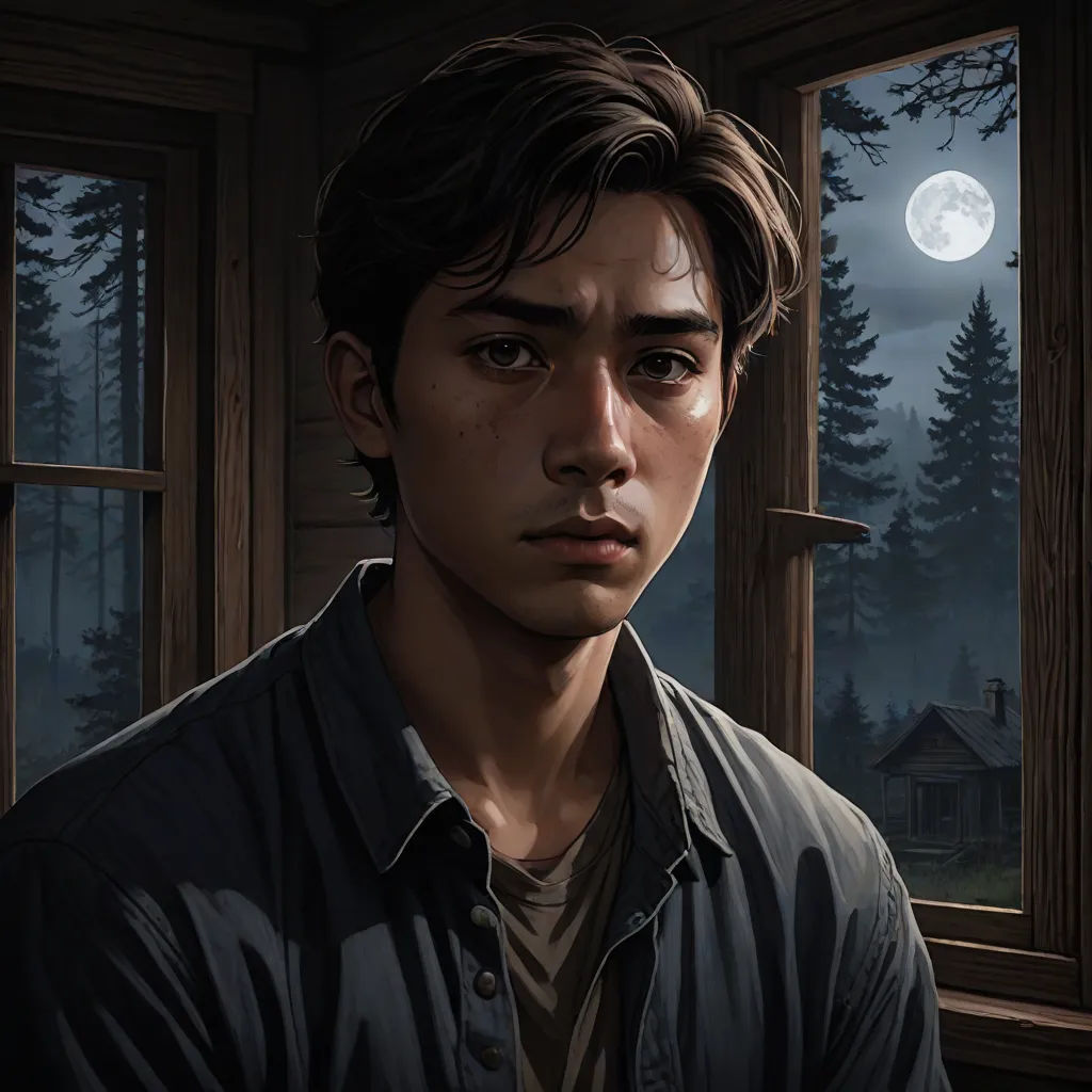a man standing in front of a window with a full moon in the background and a forest outside of the window, a character portrait, David Park, sots art, character portrait