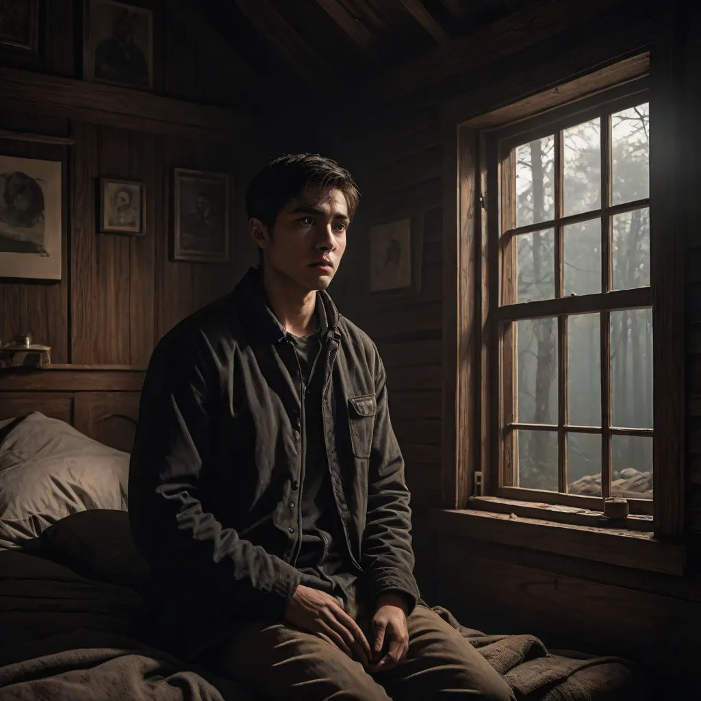a man sitting on a bed in a room with a window and a blanket on it, looking out the window, a renaissance painting, David Park, aestheticism, promotional image
