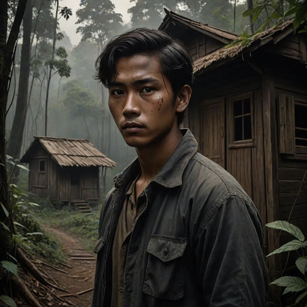 a man standing in front of a forest with a hut in the background and a forest path in the foreground, a poster, Fan Kuan, sumatraism, promotional image
