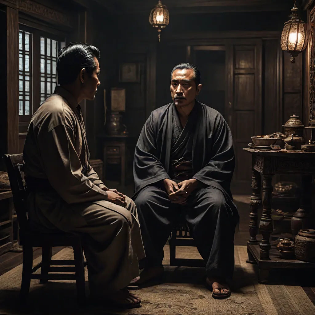 two men sitting in a room with a table and a lamp on the wall behind them, one of them is wearing a robe, a poster, Dai Jin, private press, movie still