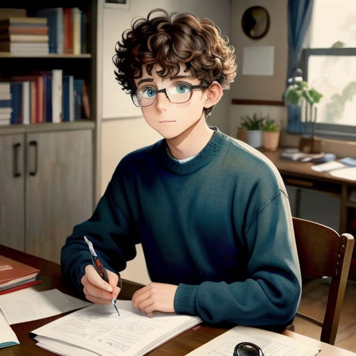 a boy with glasses sitting at a desk with a pen and paper in front of him and a bookcase in the background