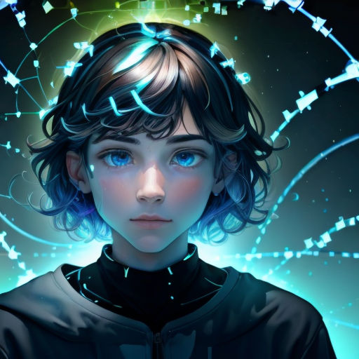 a woman with blue eyes and a black jacket on her head is looking at the camera with a glowing light in her hair