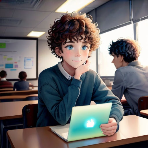 a boy sitting at a desk with a laptop computer in front of him and another boy in the background