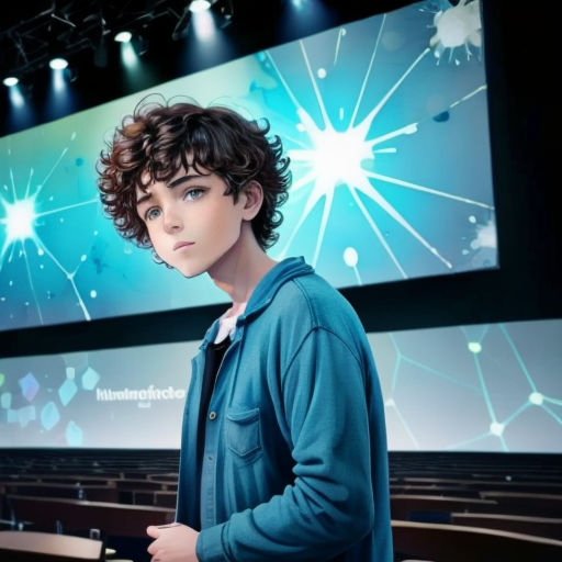 a boy standing in front of a large screen in a lecture hall with chairs around him and a projector screen behind him