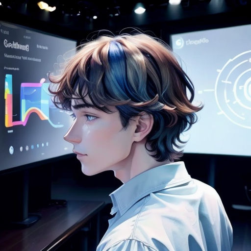 a person with a short hair and a shirt on looking at a screen with graphs on it and a person with a tie on