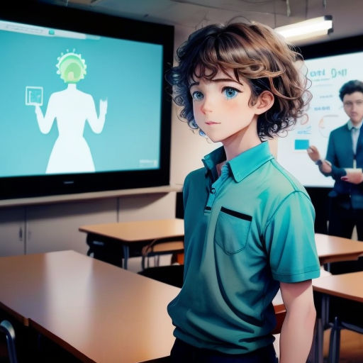 a boy in a classroom with a projector screen in the background and a woman in a green shirt standing in front of a desk