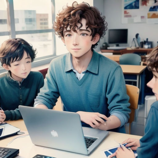 a group of young men sitting at a table with laptops and papers in front of them, with one man on the computer