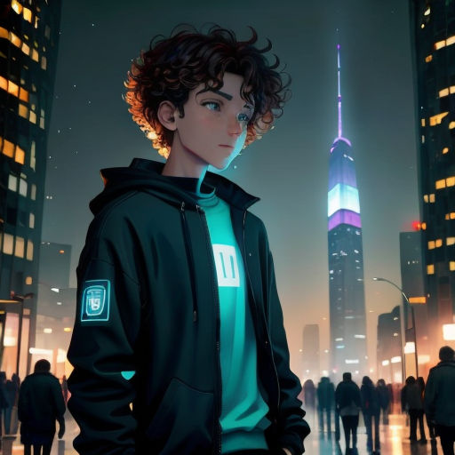 a man standing in front of a city at night with a neon light on his face and a skyscraper in the background