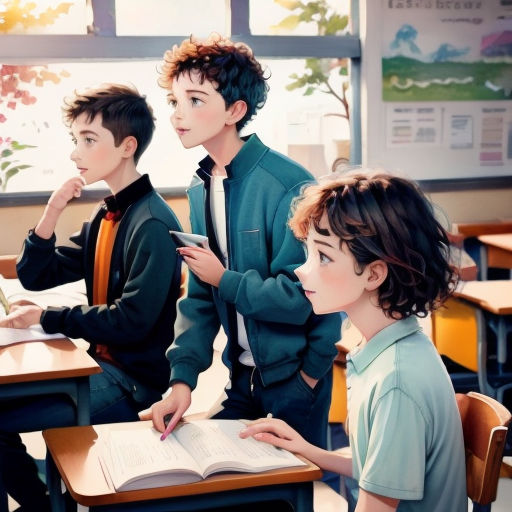 three boys are sitting at a desk with a book in front of them and one boy is writing on a notebook