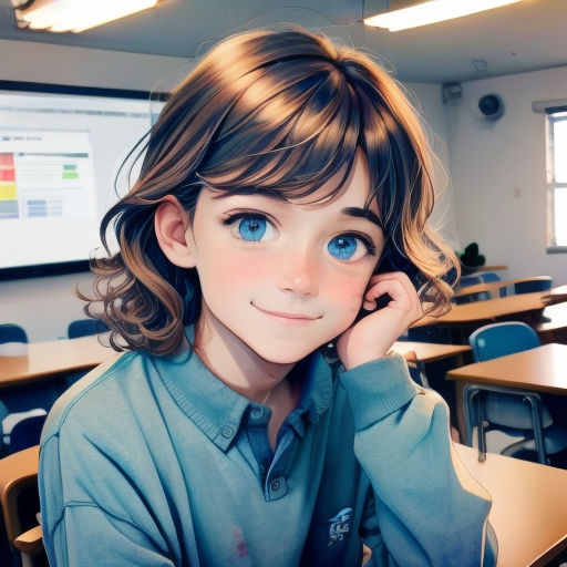 a young girl sitting in a classroom with her hand on her head and looking at the camera with a smile on her face