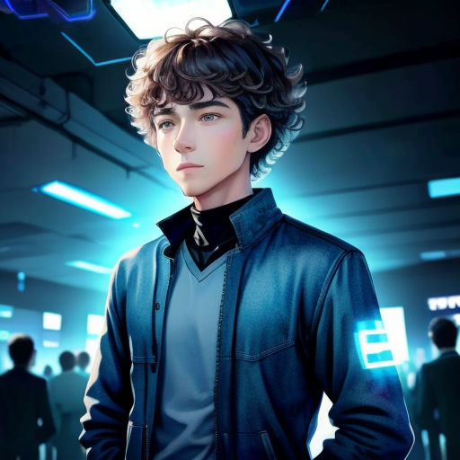 a young man in a blue jacket standing in a room with people in the background and a neon light