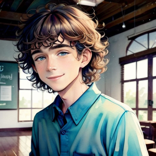 a painting of a boy with curly hair and blue eyes in a room with wooden floors and windows, with a wooden floor and a wooden table