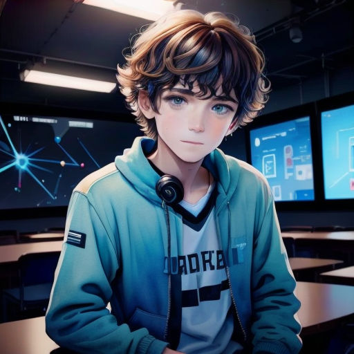 a boy in a blue sweatshirt is sitting in front of a computer screen and looking at the camera with a serious look on his face