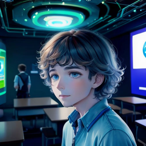 a boy in a classroom with a computer screen in the background and a person standing in the background in the foreground