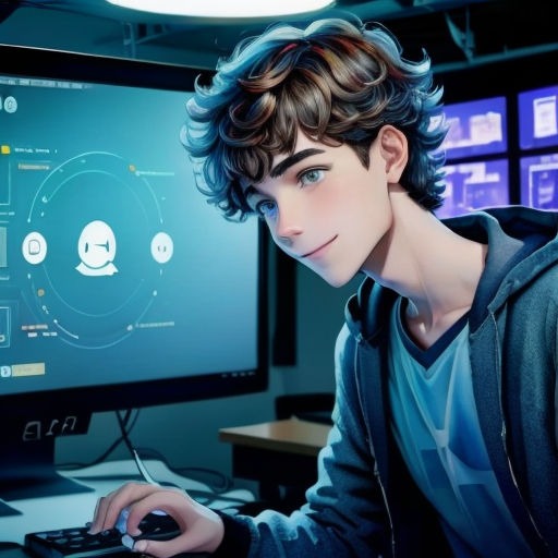 a man sitting in front of a computer monitor with a keyboard and mouse in front of him and a monitor with a character on it