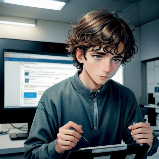 a boy holding a tablet in front of a computer screen and a monitor screen in the background with a monitor screen in the foreground