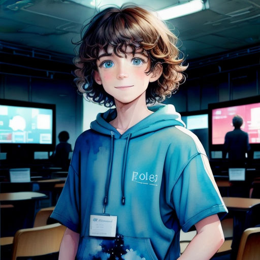 a boy in a blue hoodie standing in a classroom with a computer monitor in the background and a person in the background