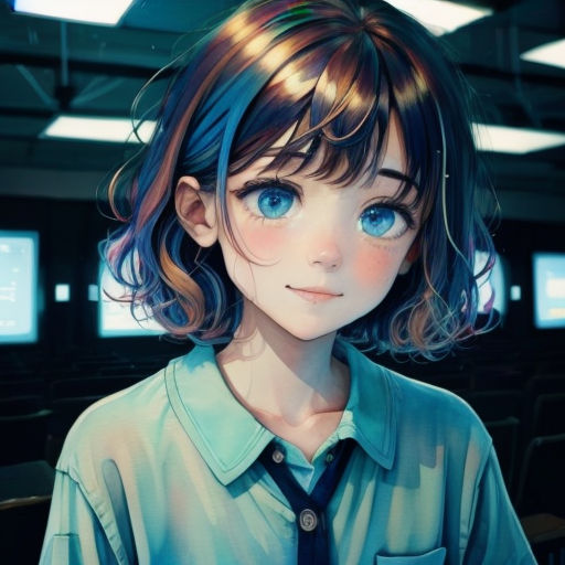 a girl with blue eyes and a tie in a room with lights on the ceiling and a television in the background