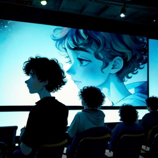 a group of people sitting in front of a projection screen in a room with a large screen behind them